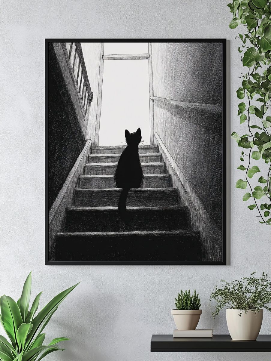 Black Cat on Stairs — Illustration Print. — room view 4