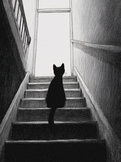 Black Cat on Stairs — Illustration Print. poster