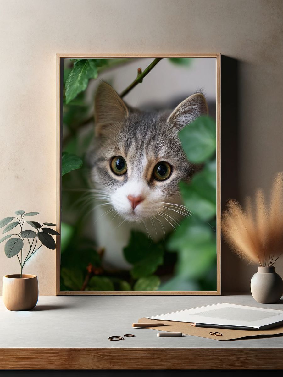 Curious Cat in Greenery Poster. — room view 2
