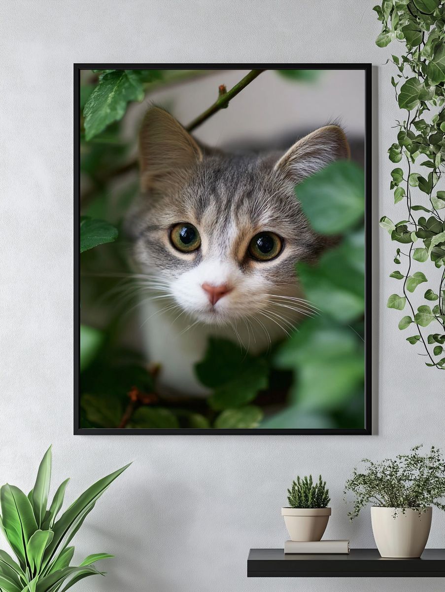 Curious Cat in Greenery Poster. — room view 4
