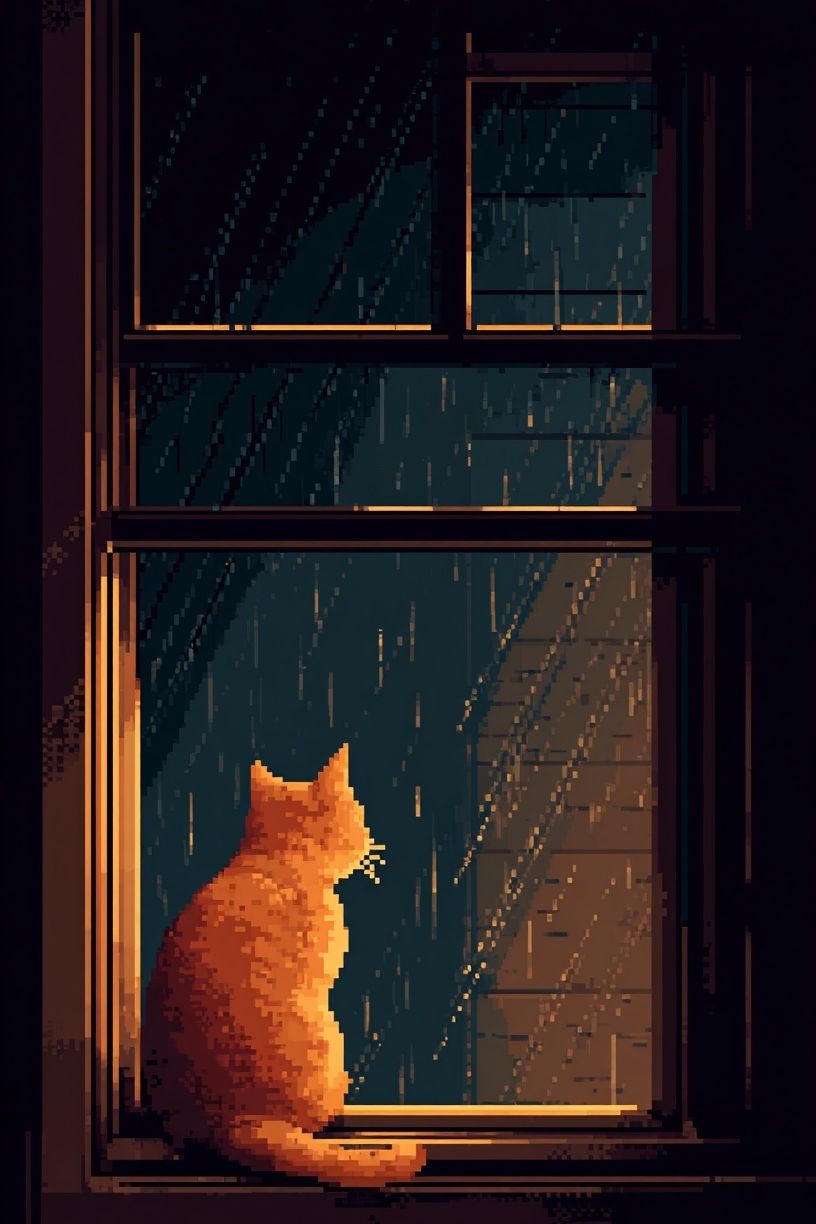 Rainy Cat Window Illustration Poster. poster detail