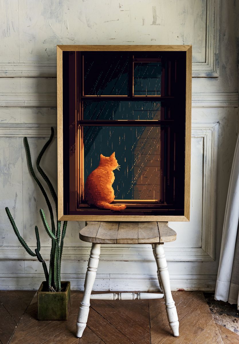 Rainy Cat Window Illustration Poster. room preview
