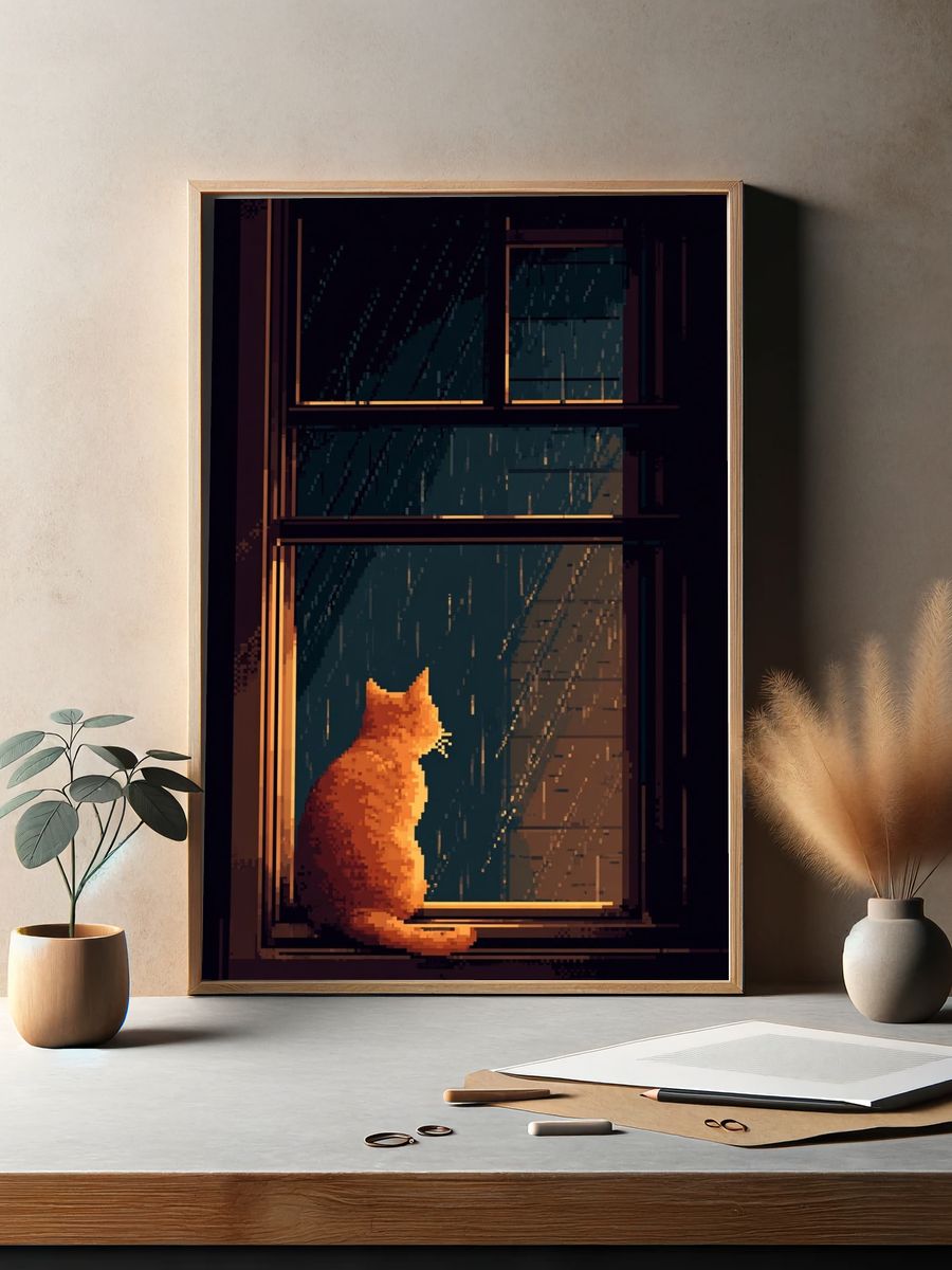 Rainy Cat Window Illustration Poster. — room view 2