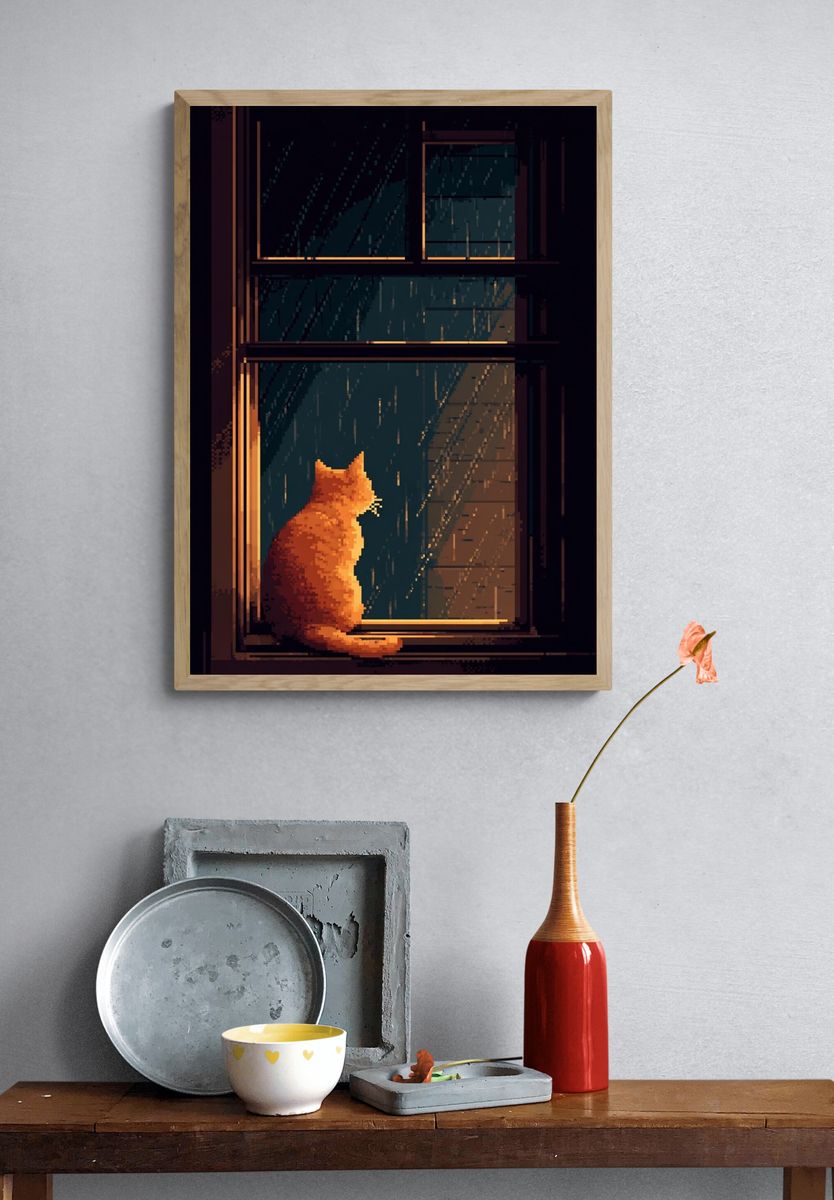 Rainy Cat Window Illustration Poster. — room view 3