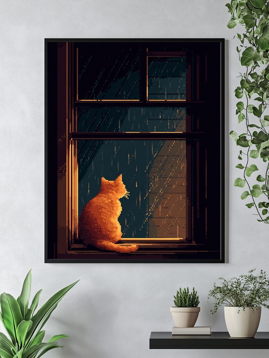 Rainy Cat Window Illustration Poster. — room view 4