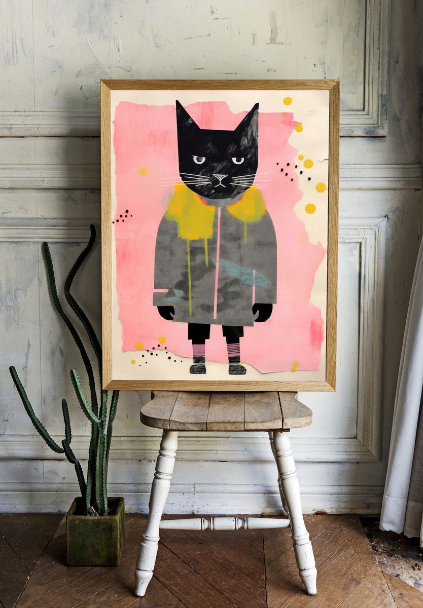 Black Cat Collage Illustration Poster. room preview