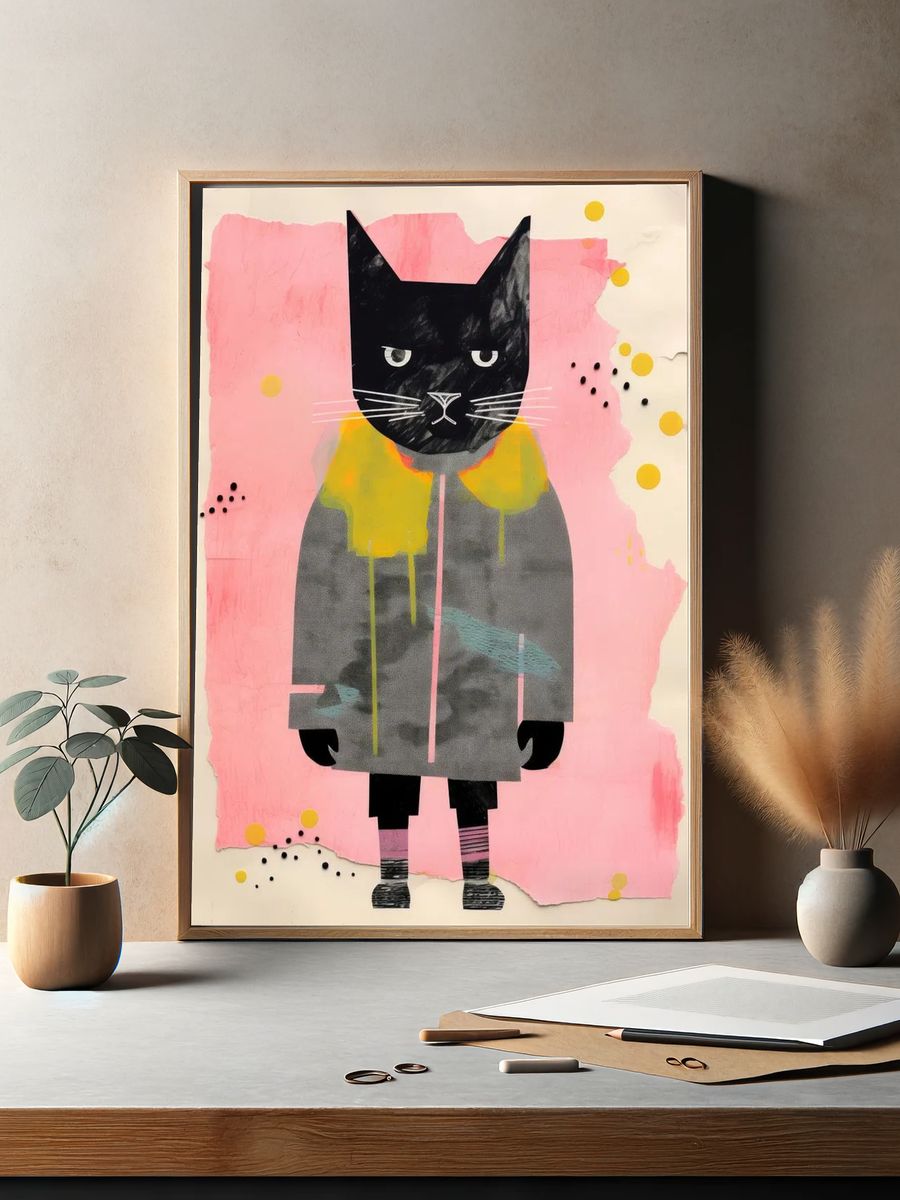 Black Cat Collage Illustration Poster. — room view 2
