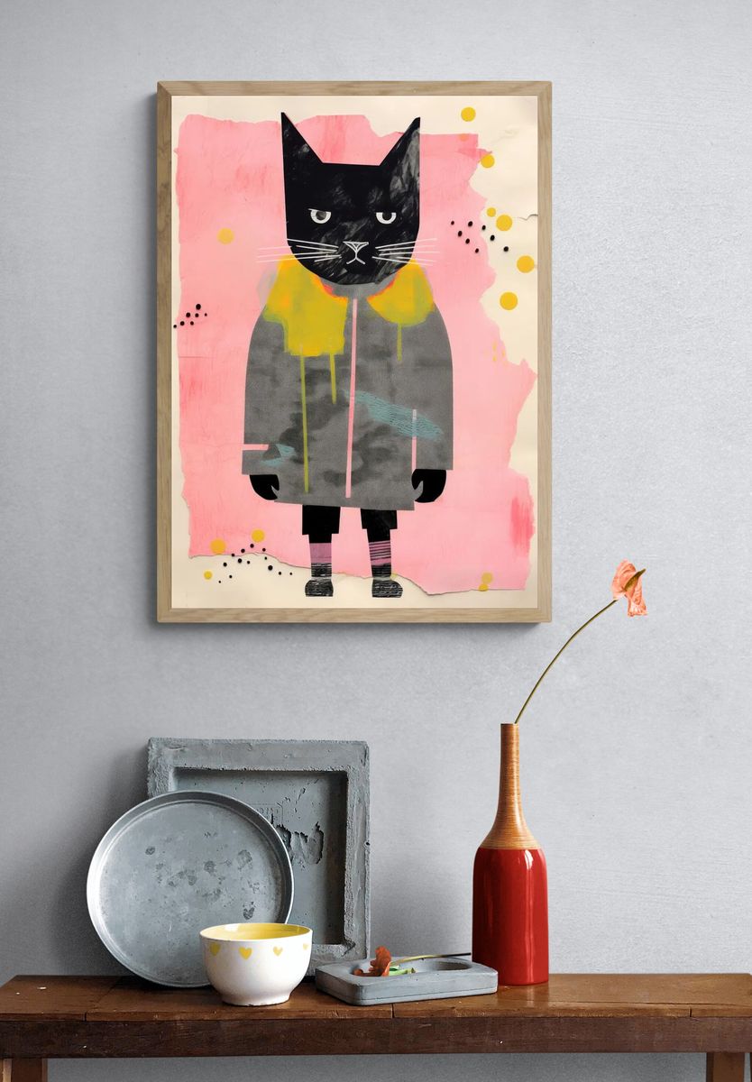 Black Cat Collage Illustration Poster. — room view 3