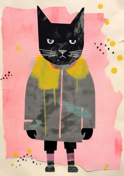 Black Cat Collage Illustration Poster.