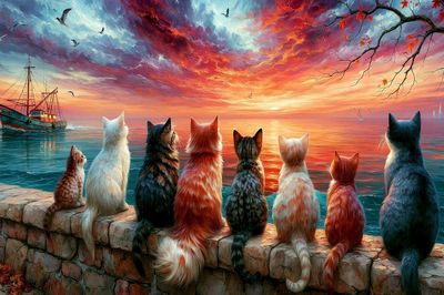 Cats at Sunset Seaside Poster.