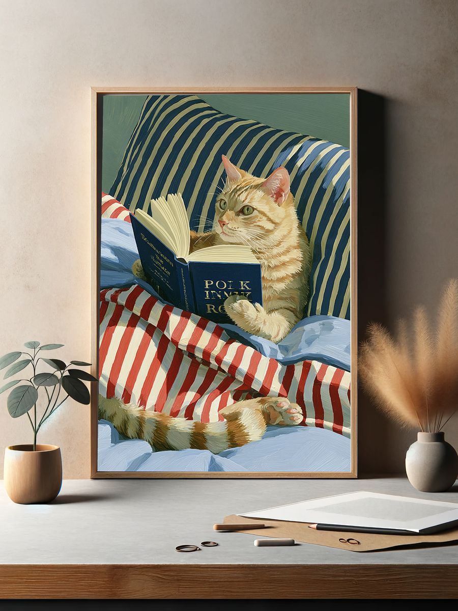 Reading Cat Illustration Poster. — room view 2