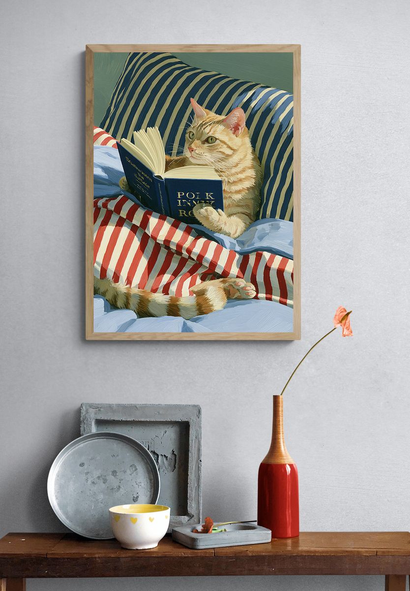 Reading Cat Illustration Poster. — room view 3