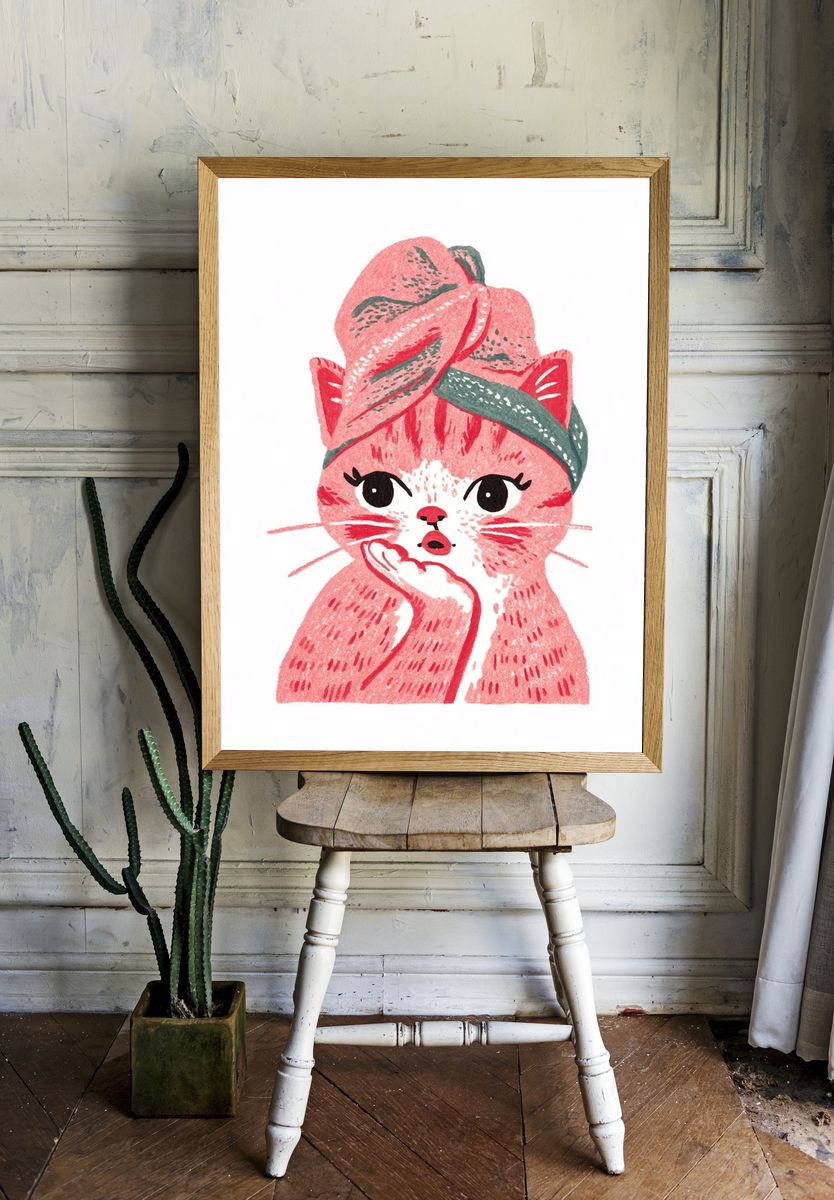 Cute Cat with Turban — Illustration Print. — room view 1