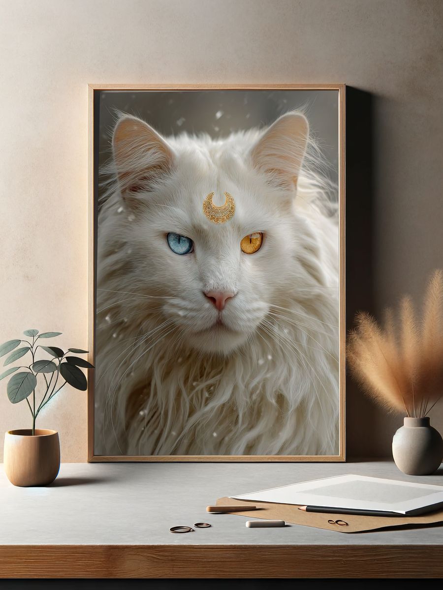 Mystic White Cat Portrait Poster. — room view 2
