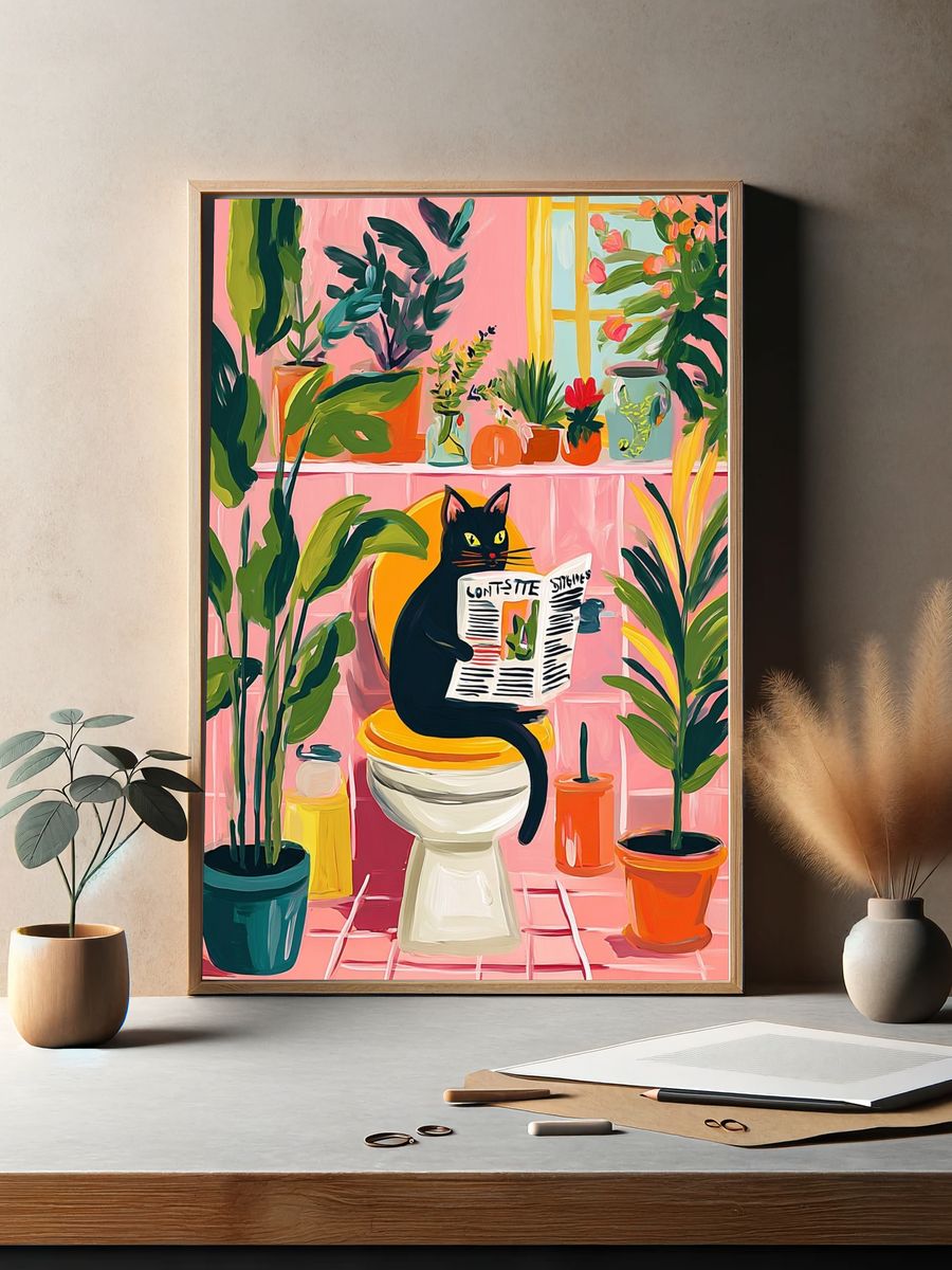 Black Cat Reading Newspaper — Illustration Print. — room view 2