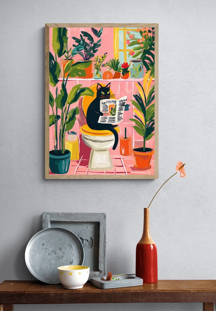Black Cat Reading Newspaper — Illustration Print. — room view 3
