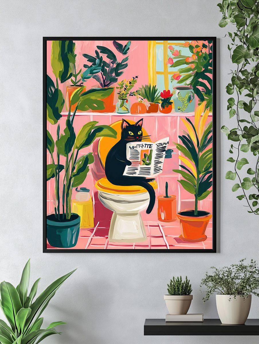 Black Cat Reading Newspaper — Illustration Print. — room view 4