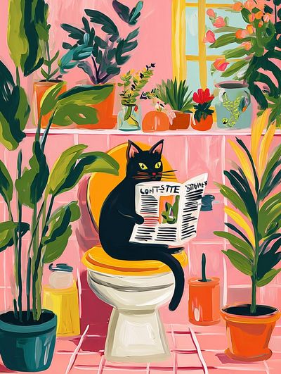 Black Cat Reading Newspaper — Illustration Print. poster print