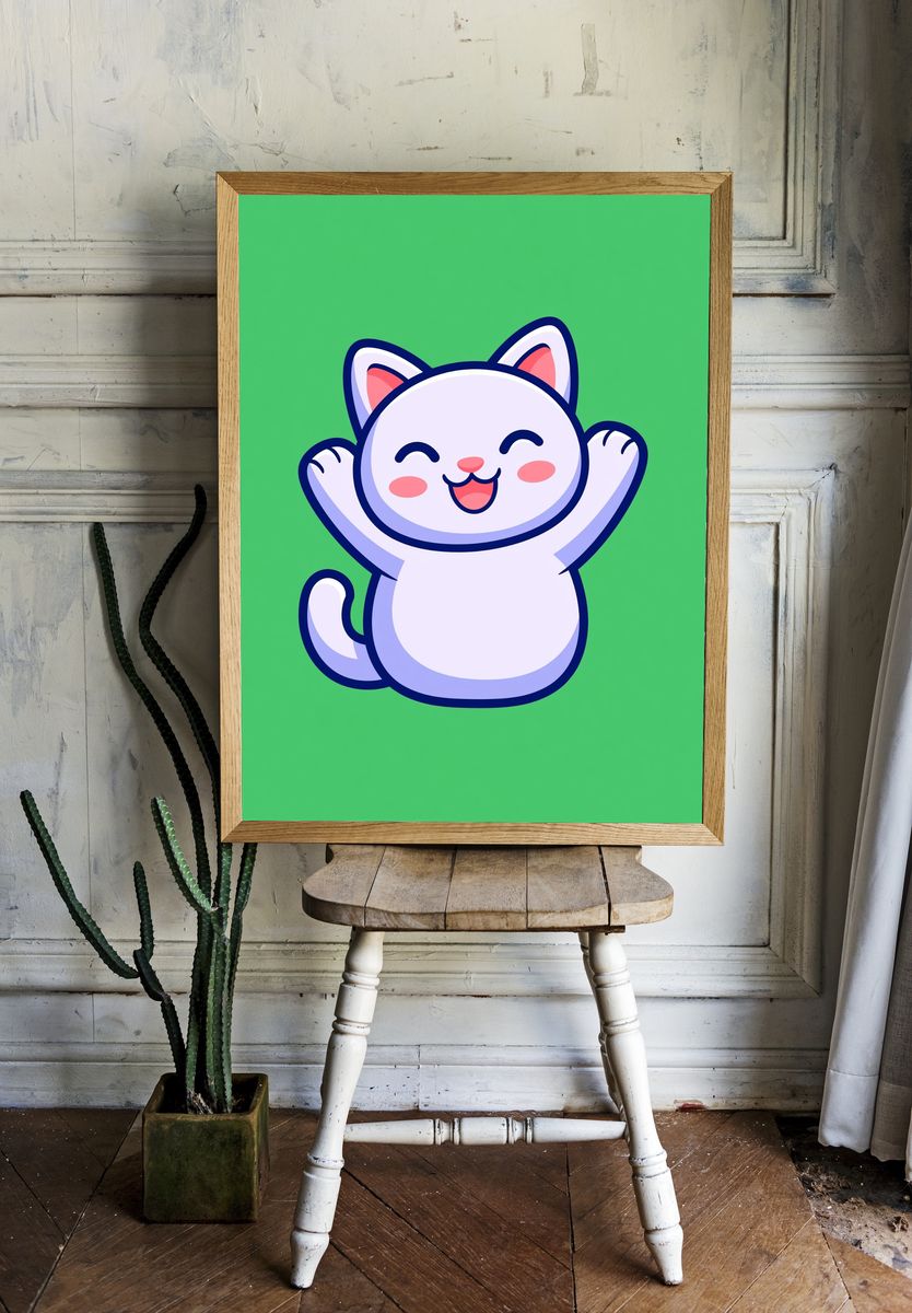 Happy Cat Cartoon Print. — room view 1