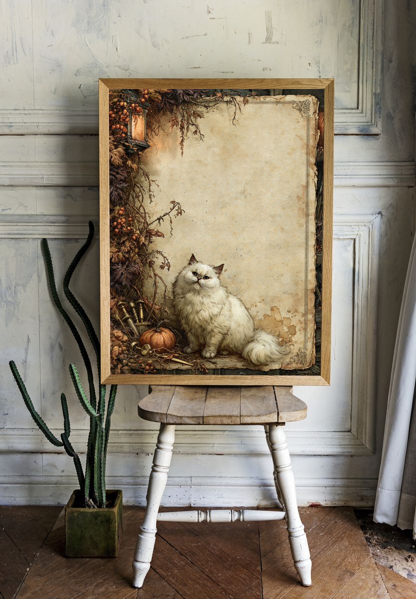 Fluffy White Cat Autumn Poster. room preview