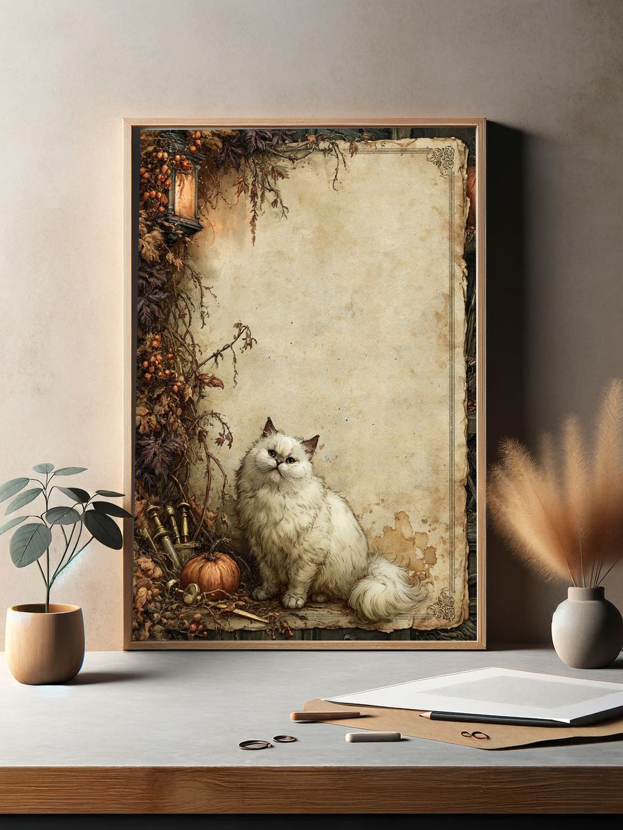 Fluffy White Cat Autumn Poster. — room view 2