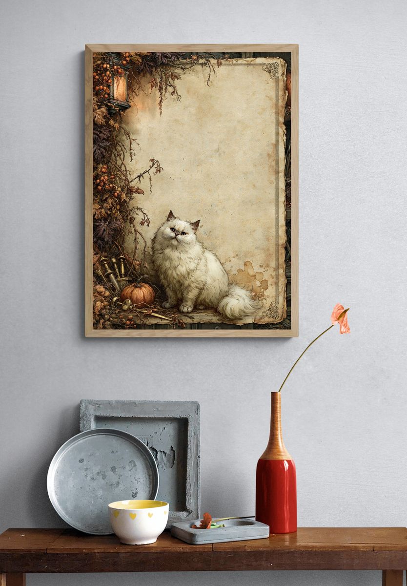 Fluffy White Cat Autumn Poster. — room view 3
