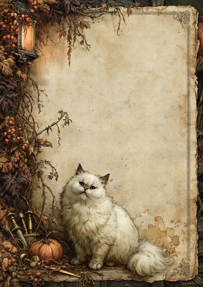 Fluffy White Cat Autumn Poster.