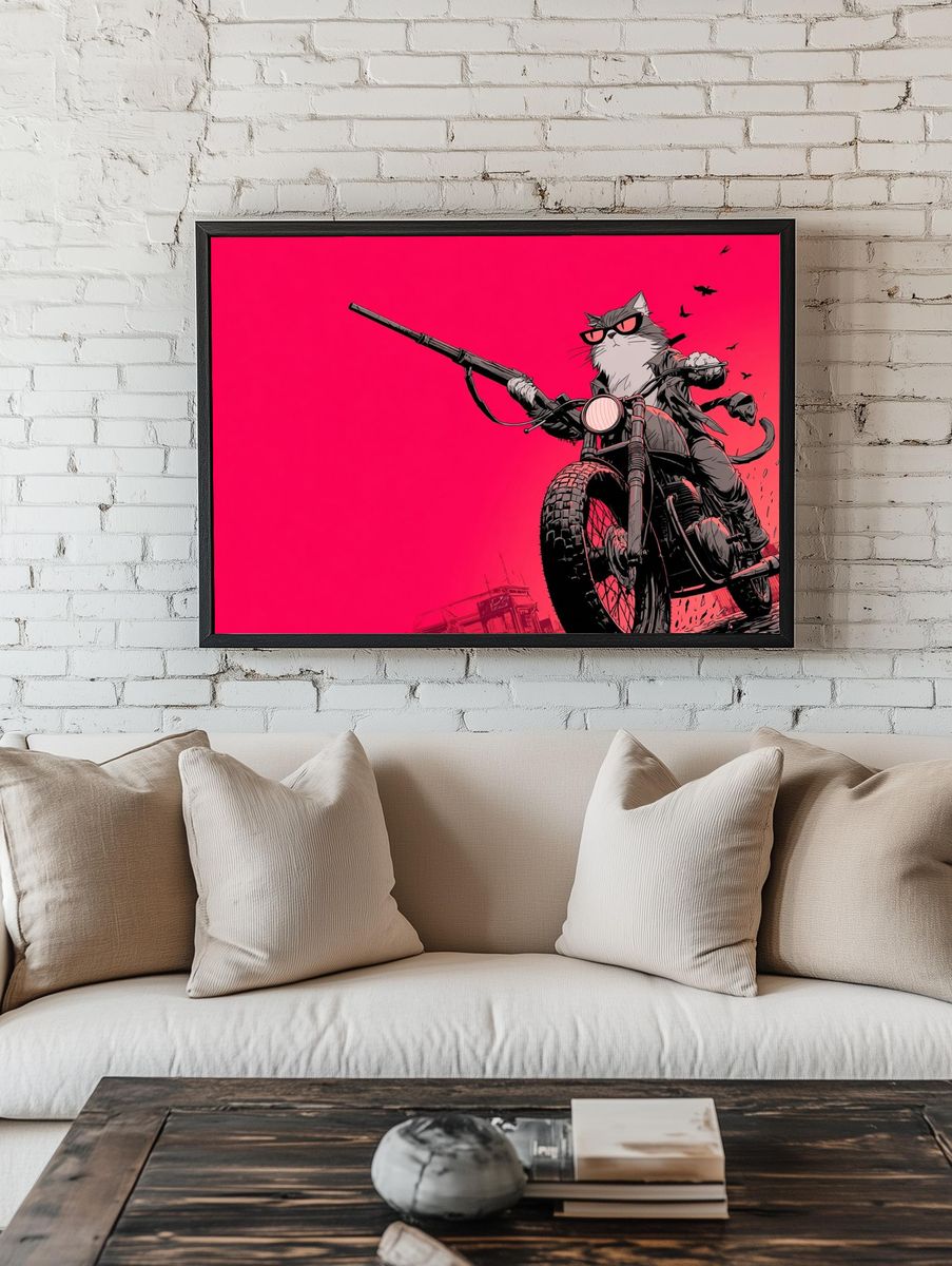 Cat Biker Digital Art Poster. — room view 1