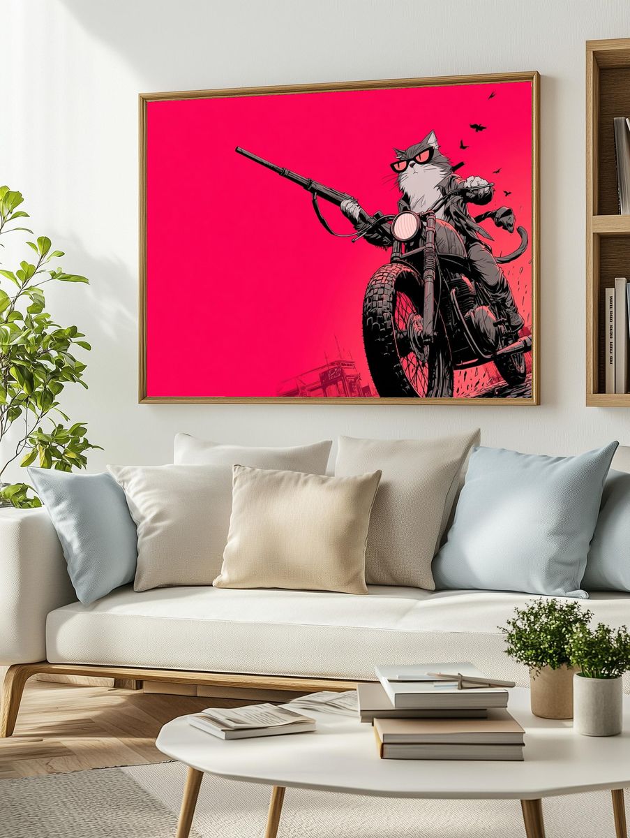 Cat Biker Digital Art Poster. — room view 2