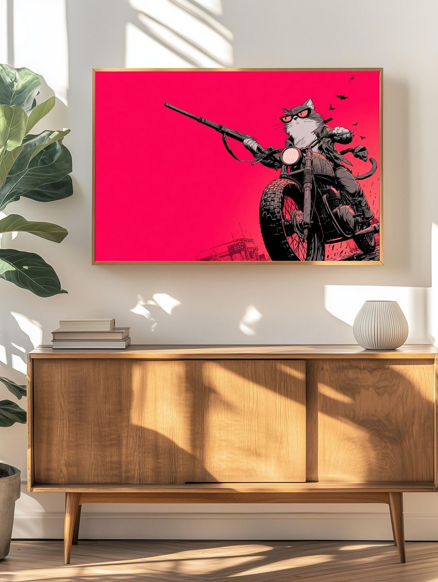 Cat Biker Digital Art Poster. — room view 3