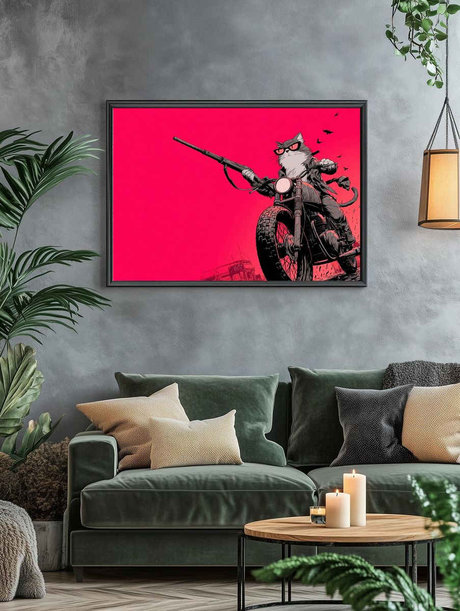 Cat Biker Digital Art Poster. — room view 4