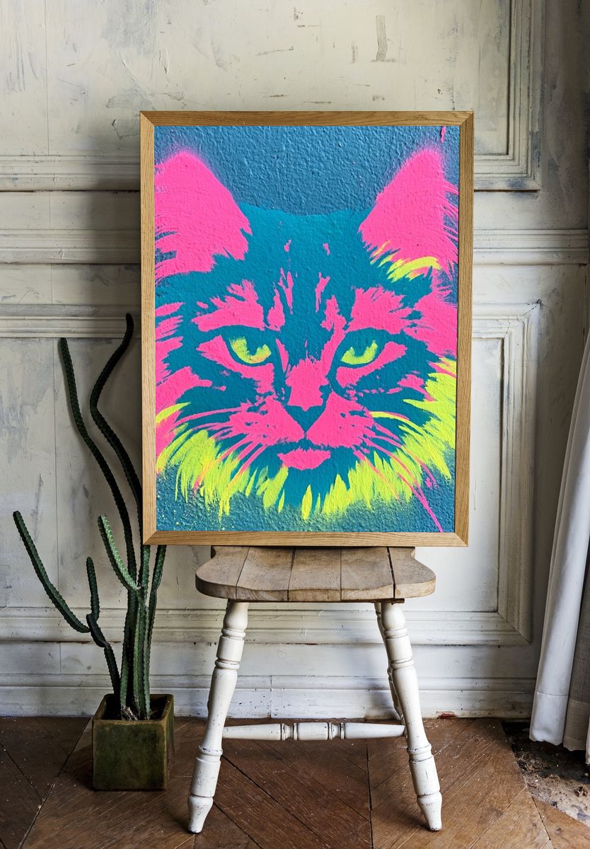 Neon Cat Street-Art Poster. room preview