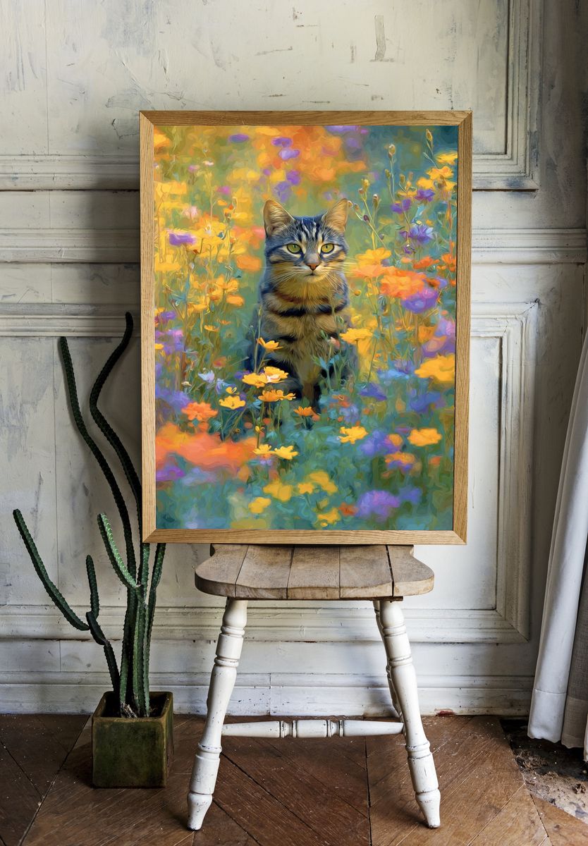 Cat in Wildflowers Illustration Poster. room preview
