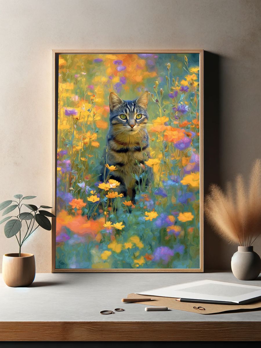 Cat in Wildflowers Illustration Poster. — room view 2