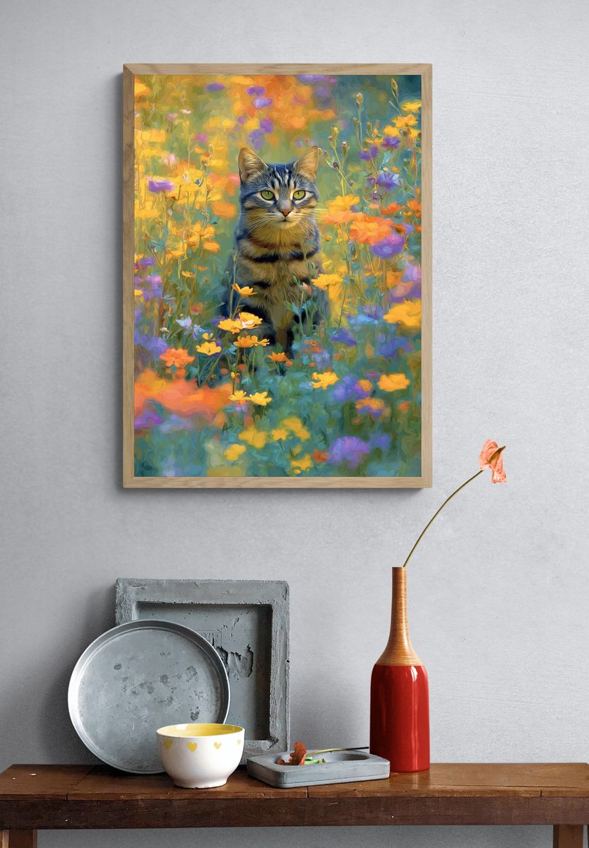 Cat in Wildflowers Illustration Poster. — room view 3