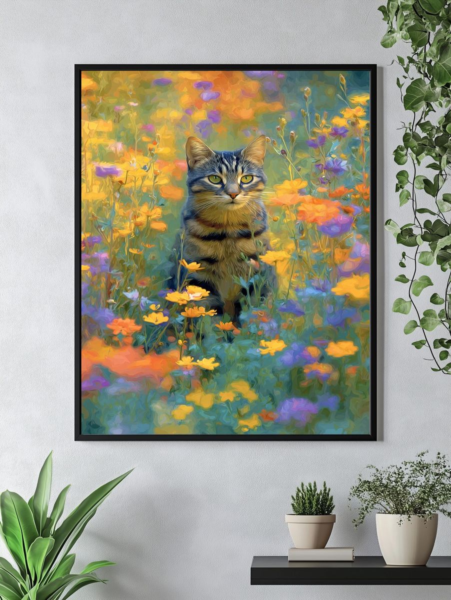 Cat in Wildflowers Illustration Poster. — room view 4