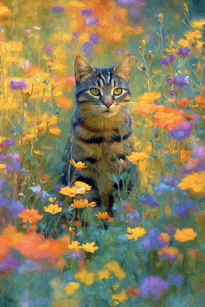 Cat in Wildflowers Illustration Poster.