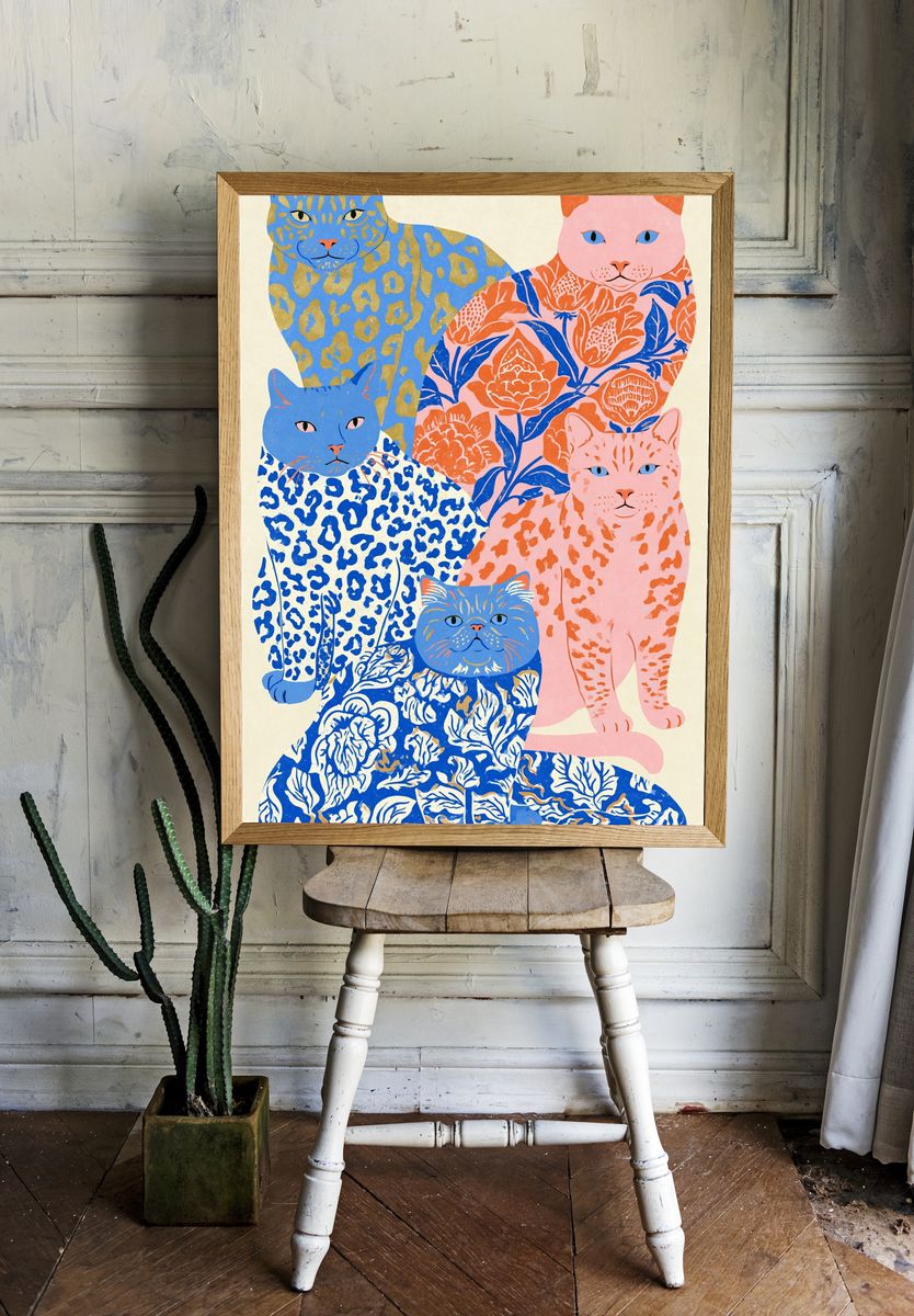 Patterned Cats Illustration Poster. — room view 1