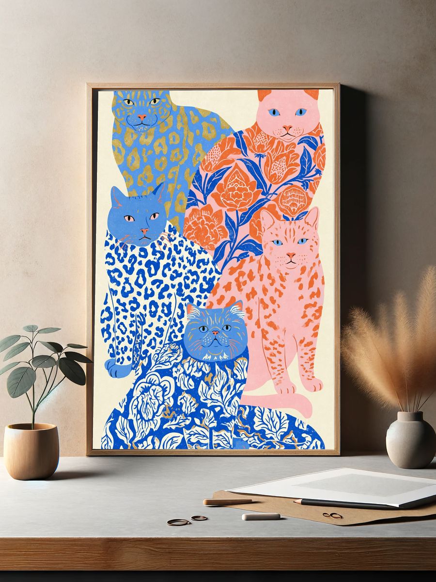 Patterned Cats Illustration Poster. — room view 2