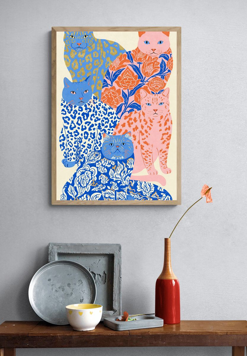 Patterned Cats Illustration Poster. — room view 3