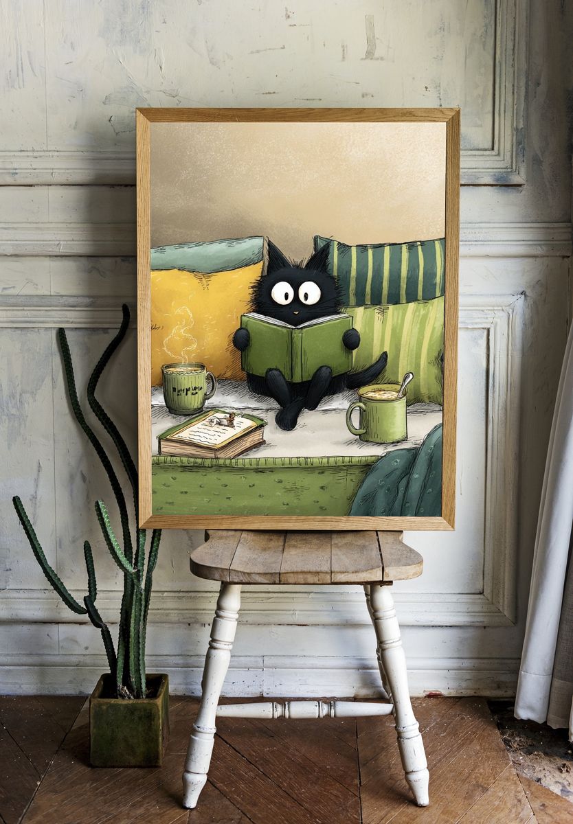 Reading Cat — Illustration Print. — room view 1