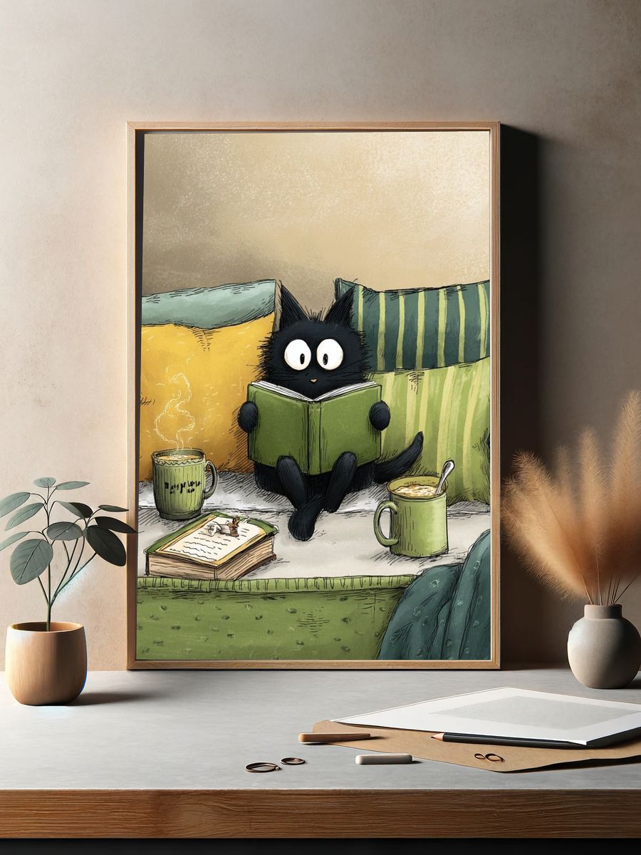 Reading Cat — Illustration Print. — room view 2