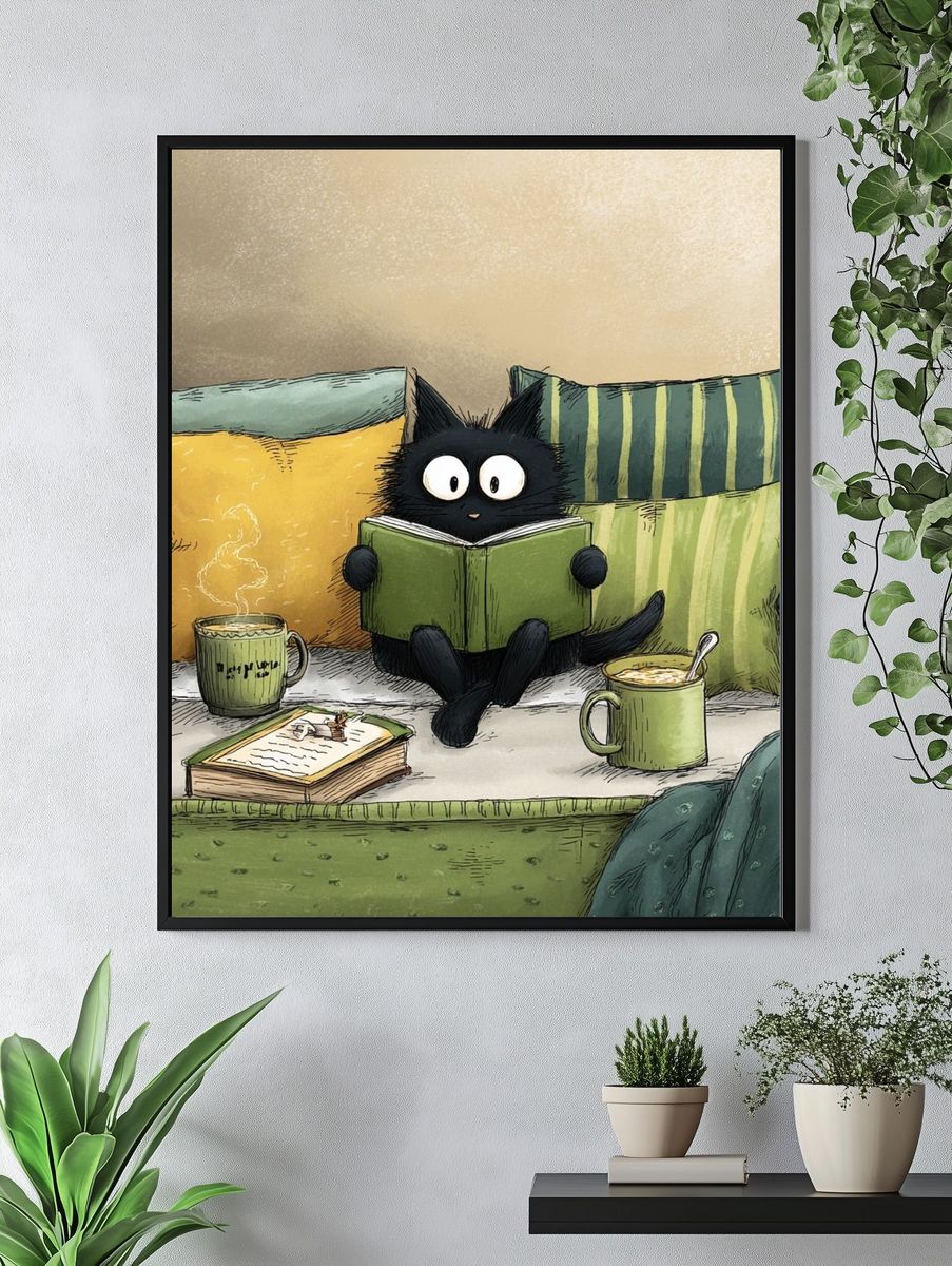 Reading Cat — Illustration Print. — room view 4