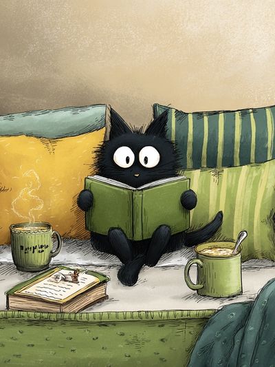 Reading Cat — Illustration Print. poster