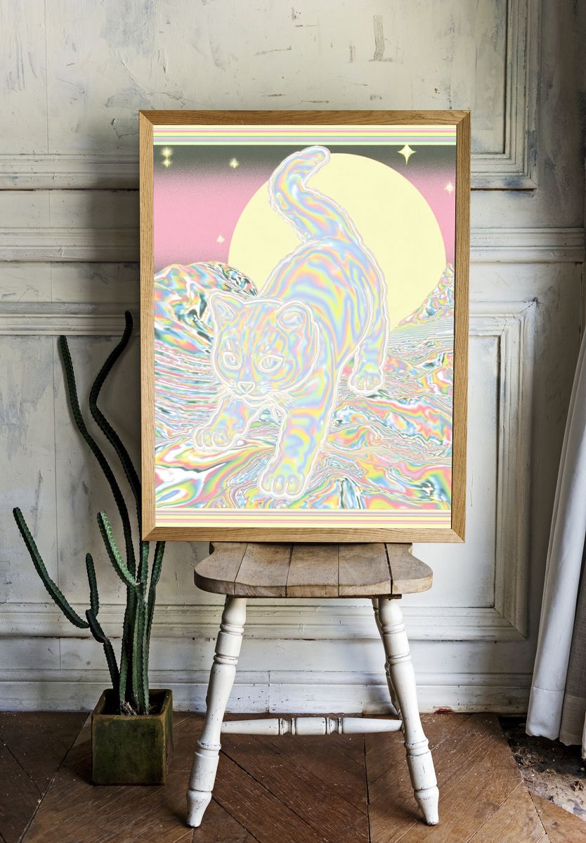 Psychedelic Cat Dreamscape Poster. — room view 1