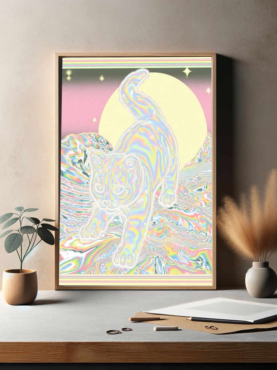 Psychedelic Cat Dreamscape Poster. — room view 2