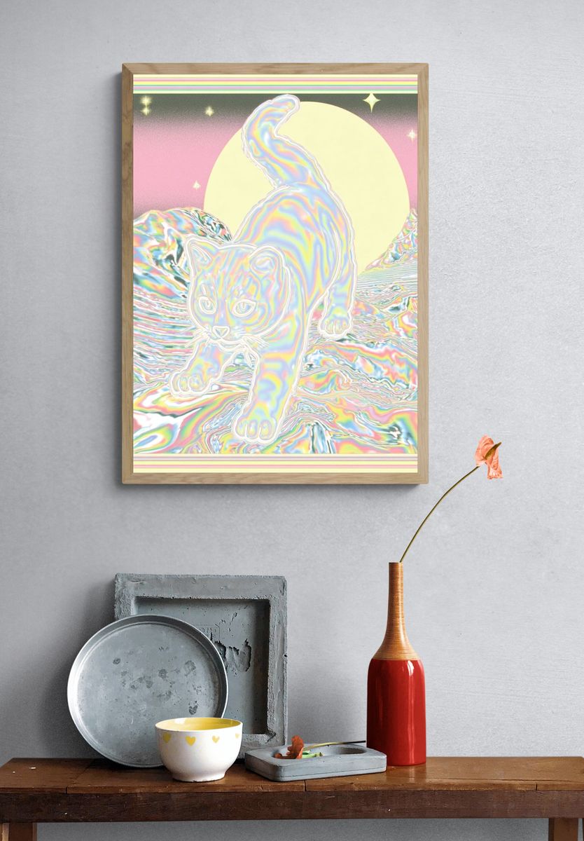 Psychedelic Cat Dreamscape Poster. — room view 3