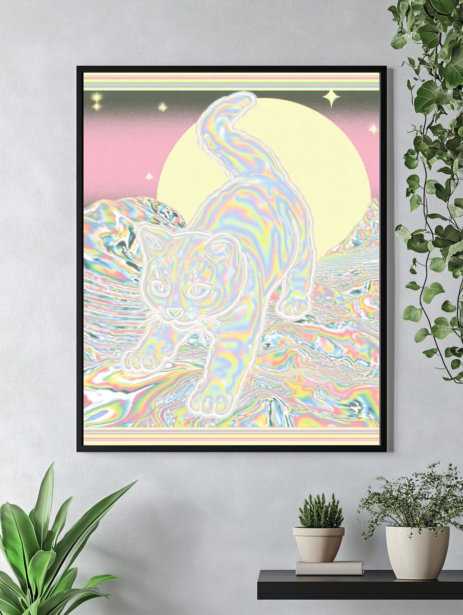 Psychedelic Cat Dreamscape Poster. — room view 4