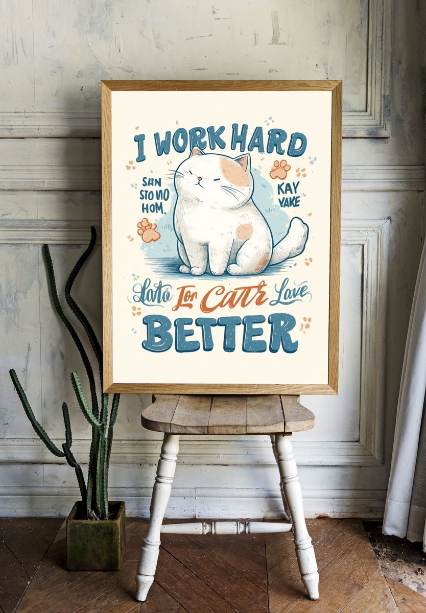 I Work Hard — Funny Cat Typography Print. — room view 1