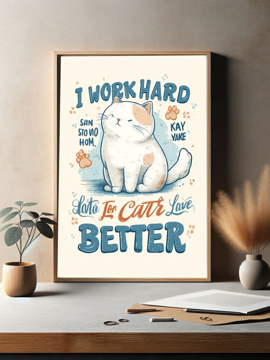I Work Hard — Funny Cat Typography Print. — room view 2